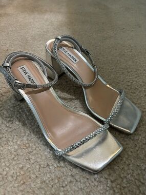 Steve Madden “Hurrah”Strappy Silver & Beaded Heels - Like New